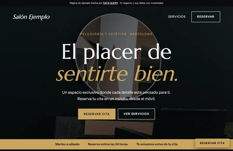 Captura de la web de demostración de una peluquería y centro de estética