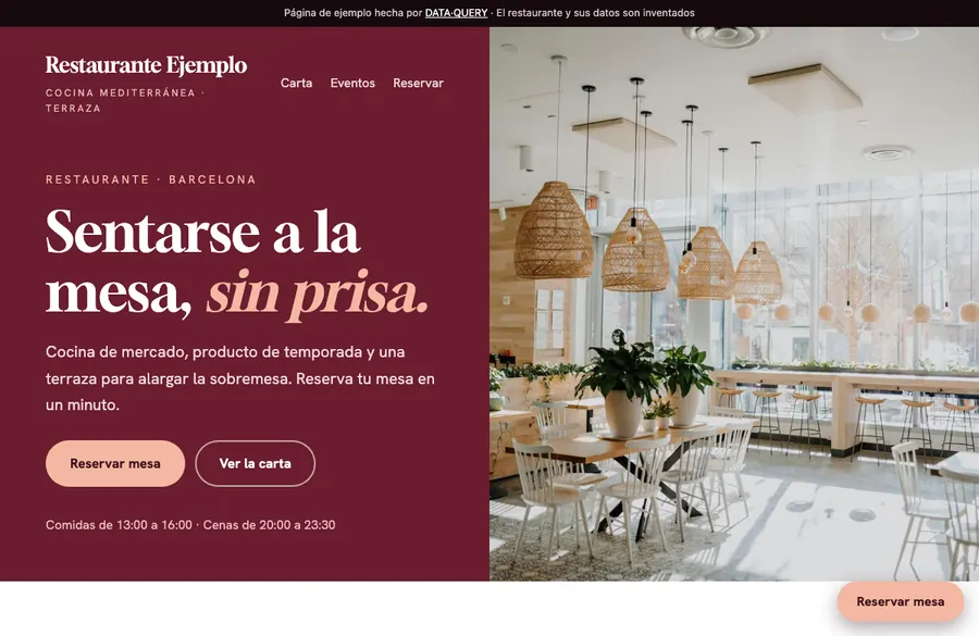 Captura de la web de demostración de un restaurante