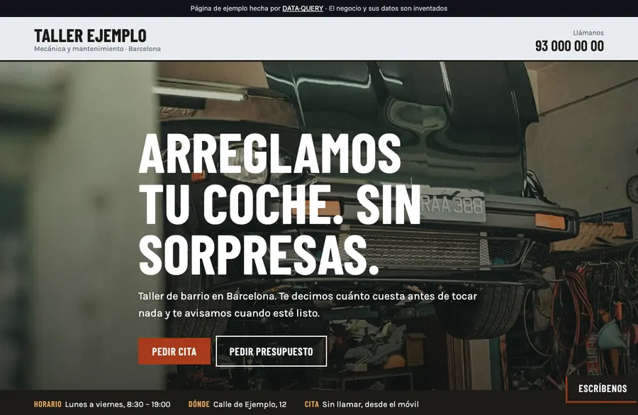 Captura de la web de demostración de un taller mecánico