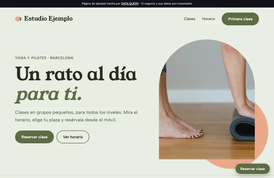 Captura de la web de demostración de un estudio de yoga y pilates